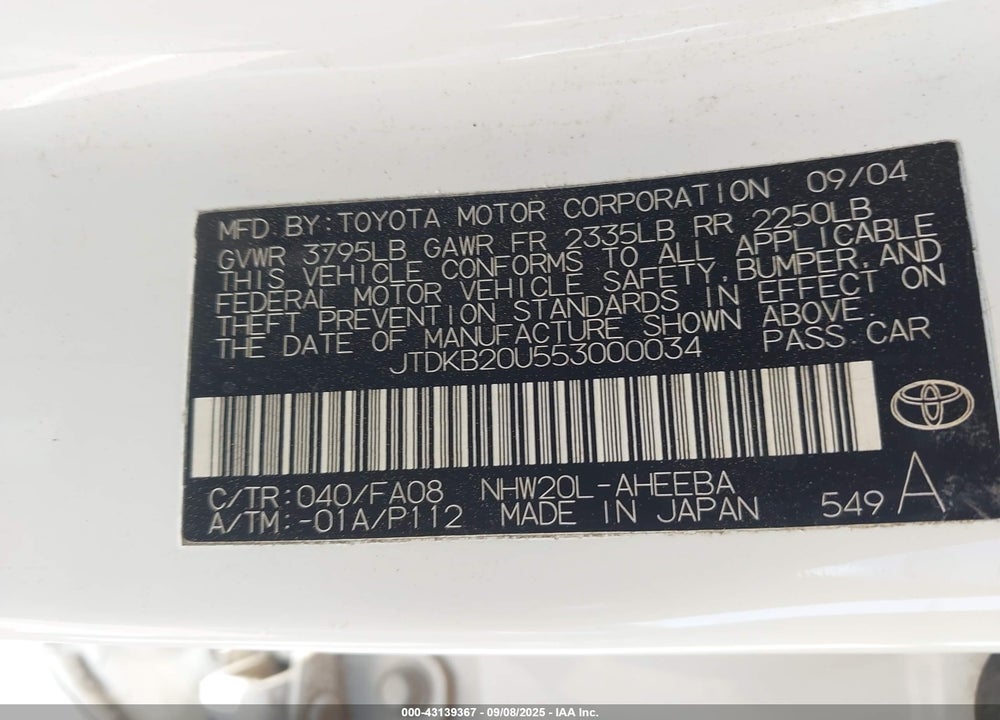 2005 TOYOTA PRIUS VIN: JTDKB20U553000034