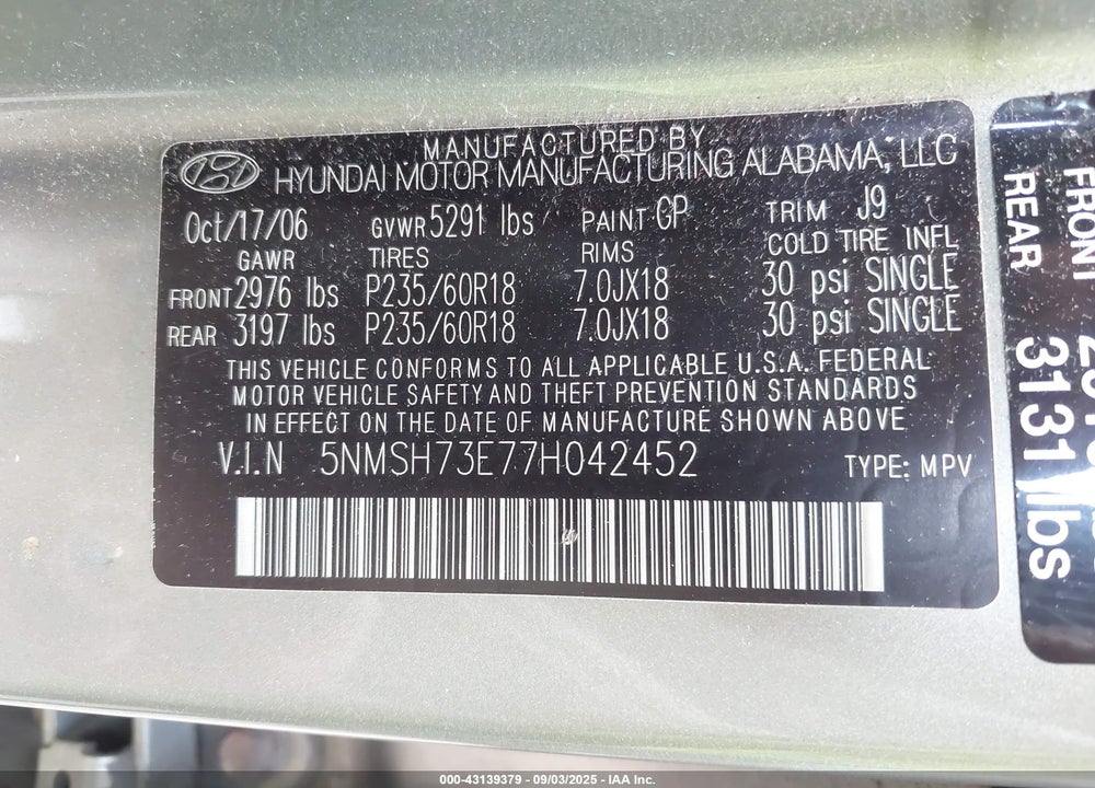 2007 HYUNDAI SANTA FE LIMITED/SE VIN: 5NMSH73E77H042452