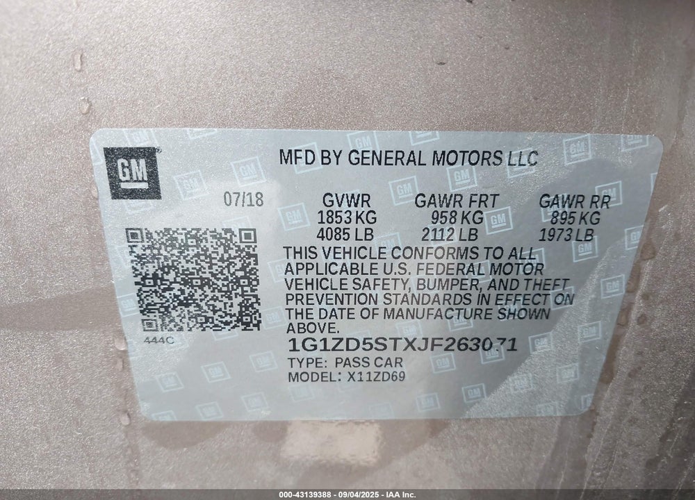 2018 CHEVROLET MALIBU VIN: 1G1ZD5STXJF263071