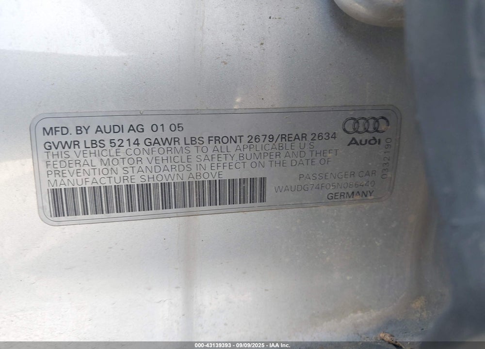 2005 AUDI A6 3.2 VIN: WAUDG74F05N086440