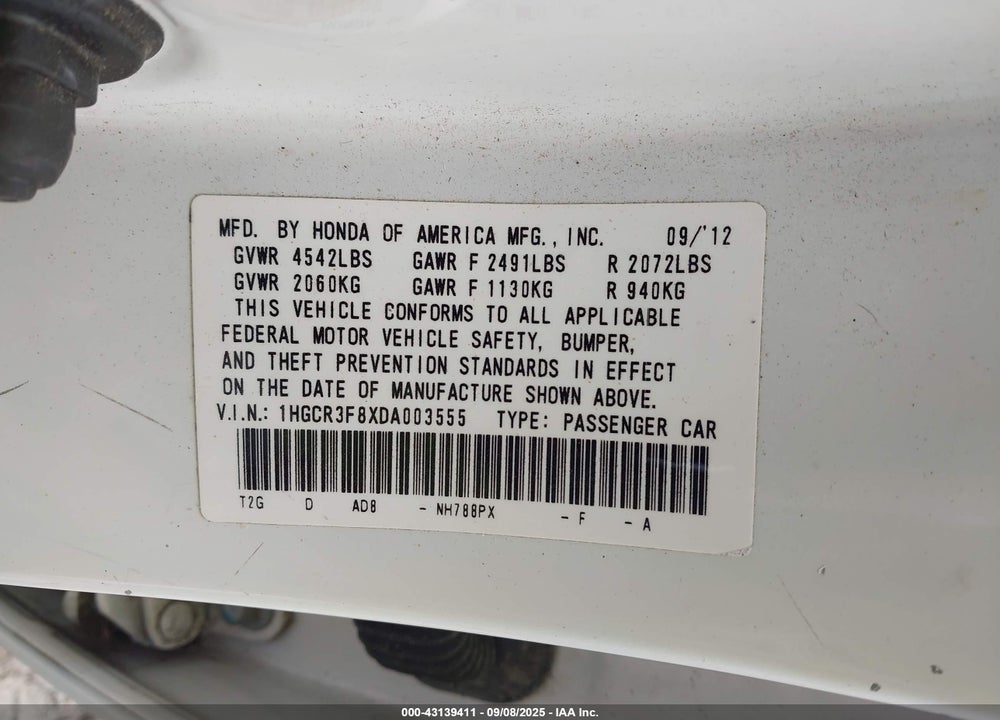 2013 HONDA ACCORD EX-L V-6 VIN: 1HGCR3F8XDA003555