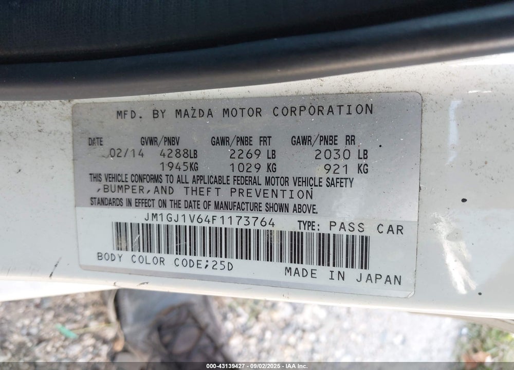 2015 MAZDA 6 VIN: JM1GJ1V64F1173764