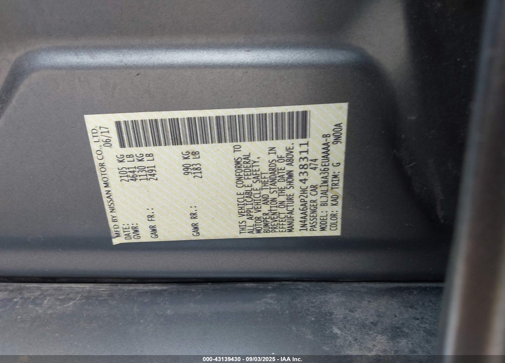 2017 NISSAN MAXIMA VIN: 1N4AA6AP2HC438311
