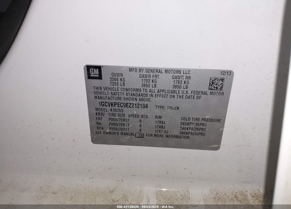2014 CHEVROLET SILVERADO 1500 WORK TRUCK 1WT VIN: 1GCVKPEC9EZ212104