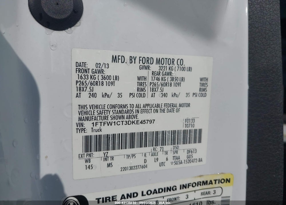 2013 FORD F-150 VIN: 1FTFW1CT3DKE45797