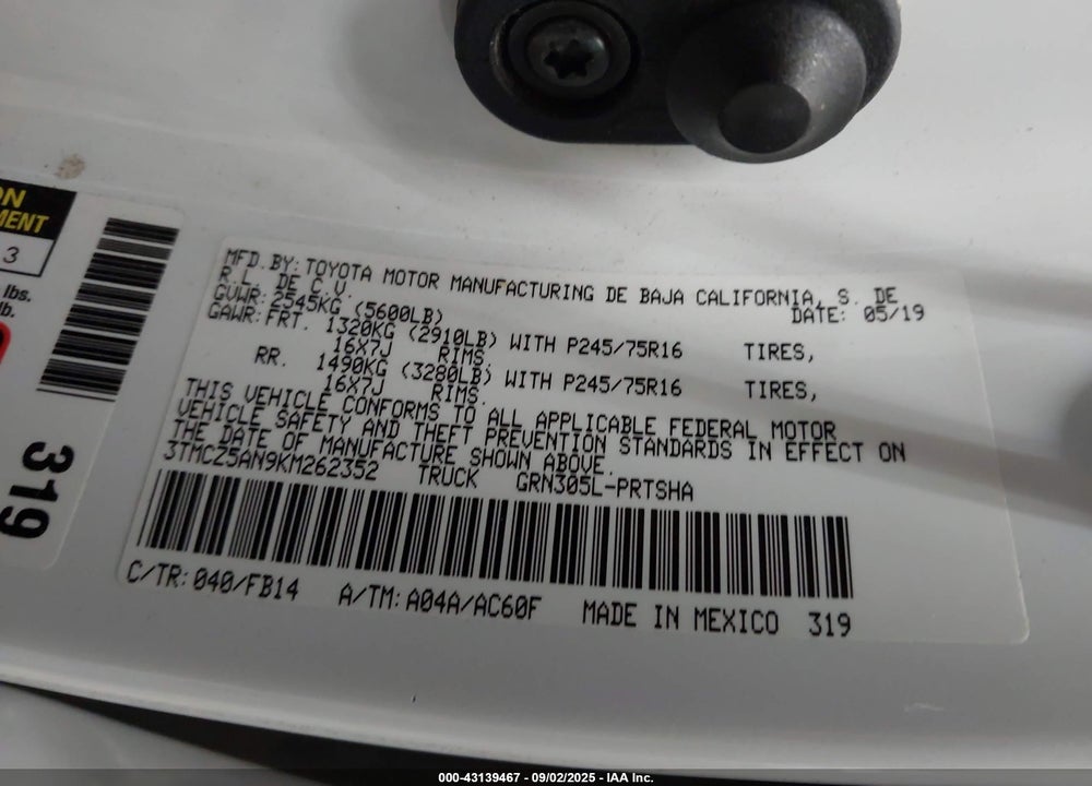2019 TOYOTA TACOMA VIN: 3TMCZ5AN9KM262352