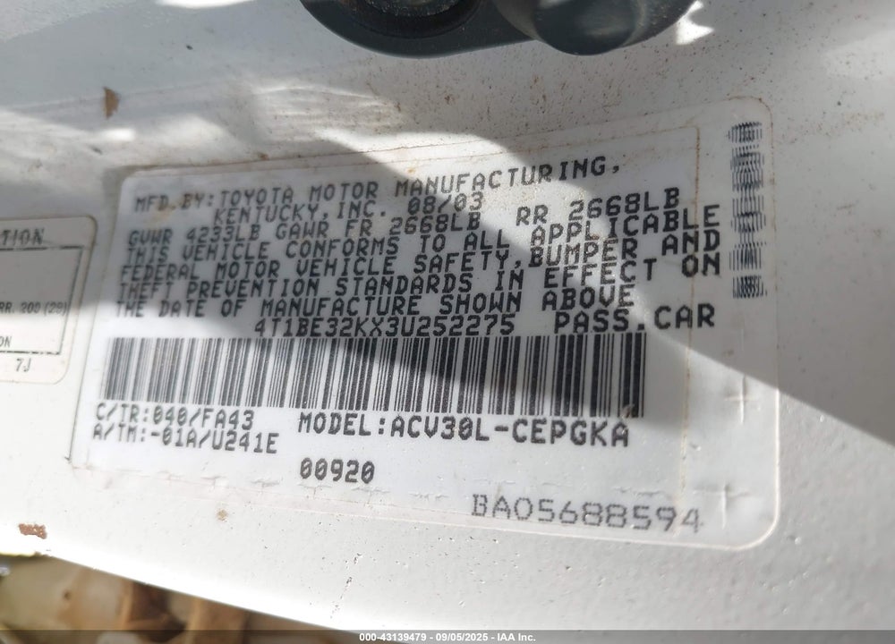 2003 TOYOTA CAMRY XLE VIN: 4T1BE32KX3U252275