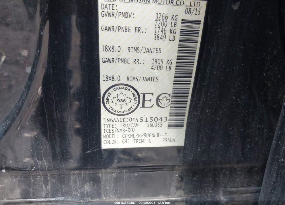 2015 NISSAN TITAN VIN: 1N6AA0EJ0FN515043