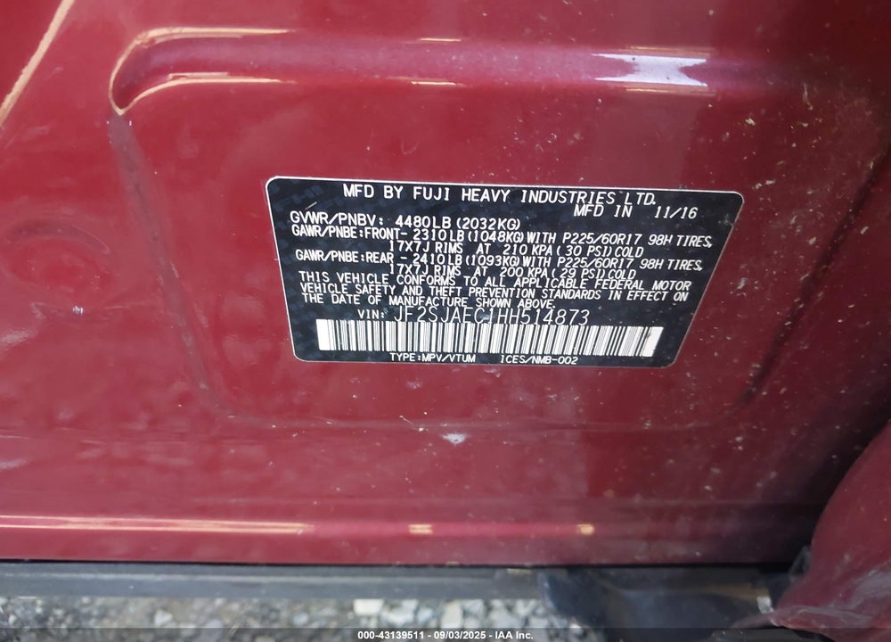 2017 SUBARU FORESTER VIN: JF2SJAEC1HH514873