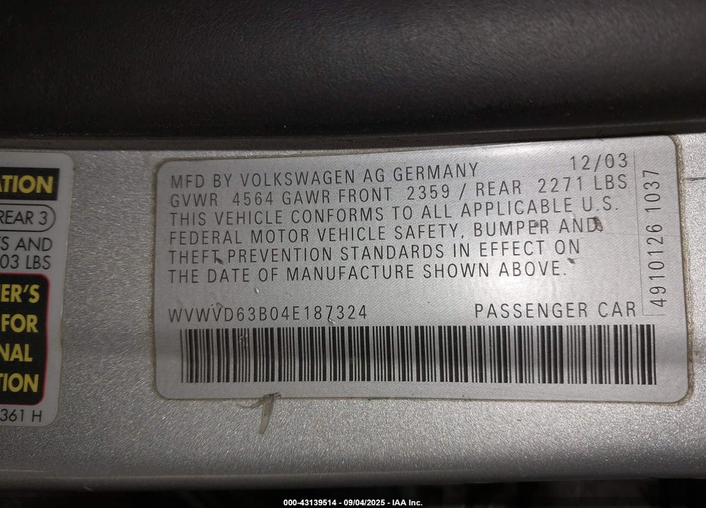2004 VOLKSWAGEN PASSAT GLS VIN: WVWVD63B04E187324