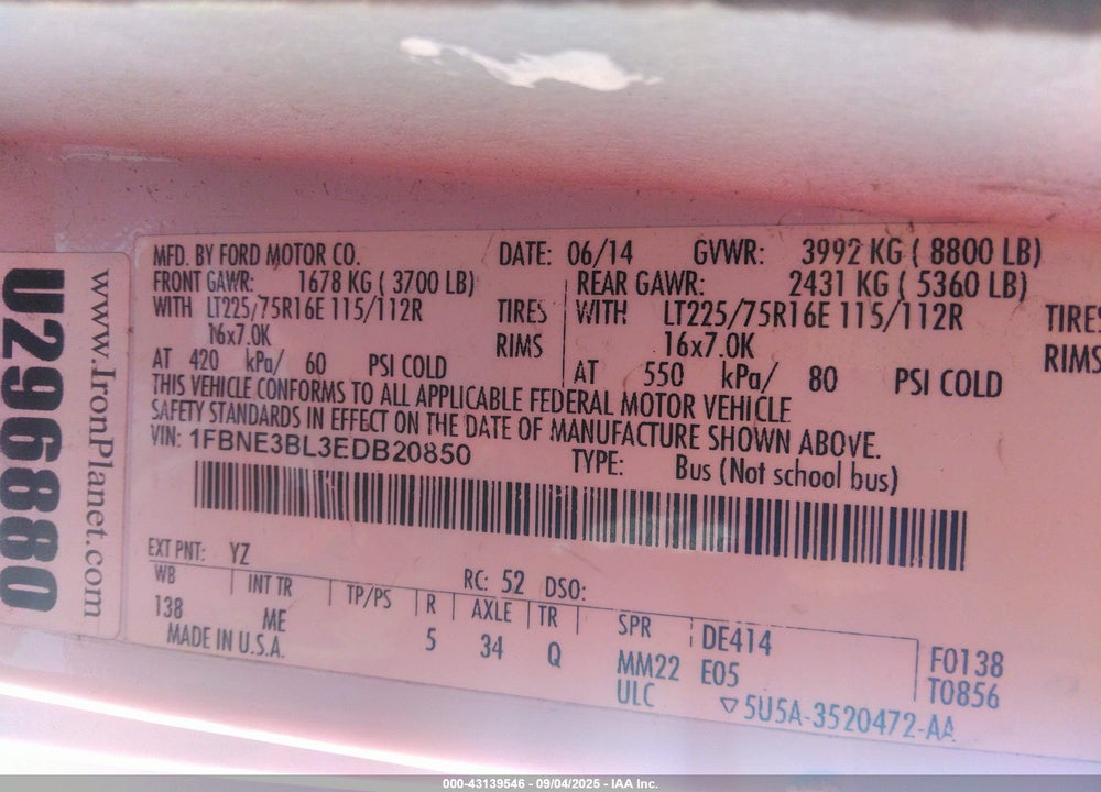 2014 FORD E 350 VIN: 1FBNE3BL3EDB20850
