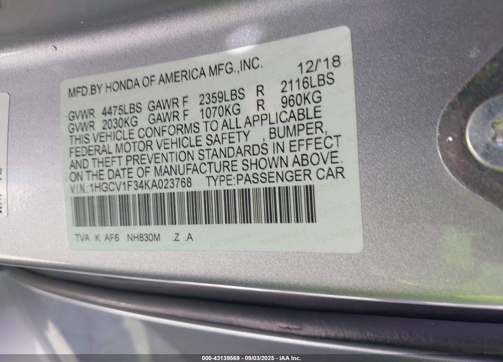 2019 HONDA ACCORD SPORT VIN: 1HGCV1F34KA023768