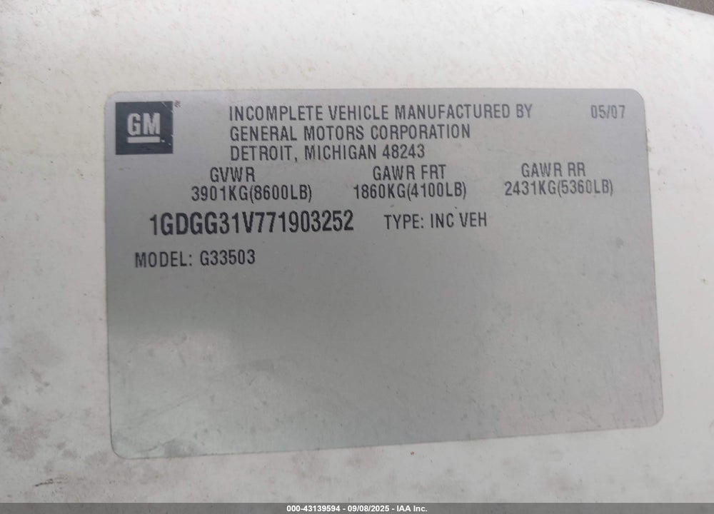 2007 GMC SAVANA CUTAWAY WORK VAN VIN: 1GDGG31V771903252