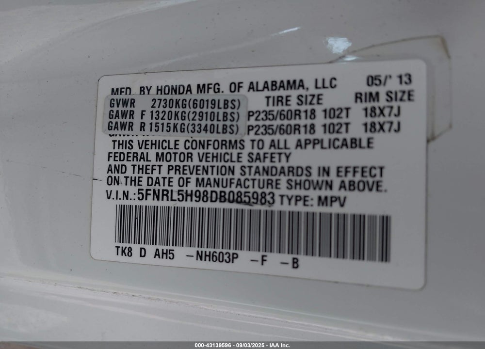 2013 HONDA ODYSSEY TOURING/TOURING ELITE VIN: 5FNRL5H98DB085983
