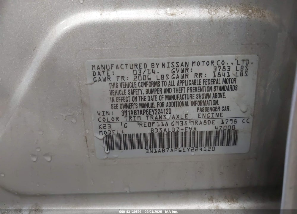 2014 NISSAN SENTRA FE+ S/FE+ SV/S/SL/SR/SV VIN: 3N1AB7AP6EY224120