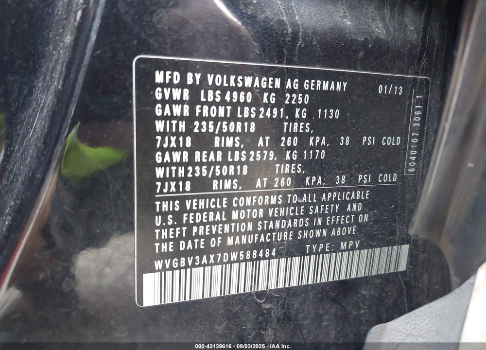 2013 VOLKSWAGEN TIGUAN VIN: WVGBV3AX7DW588484