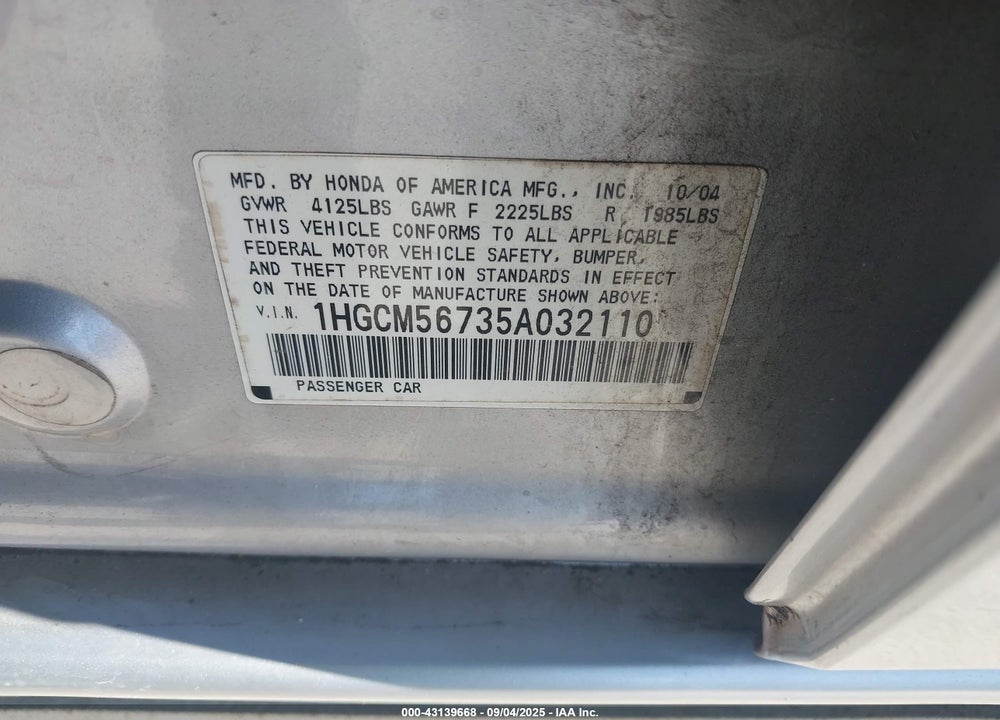 2005 HONDA ACCORD 2.4 EX VIN: 1HGCM56735A032110