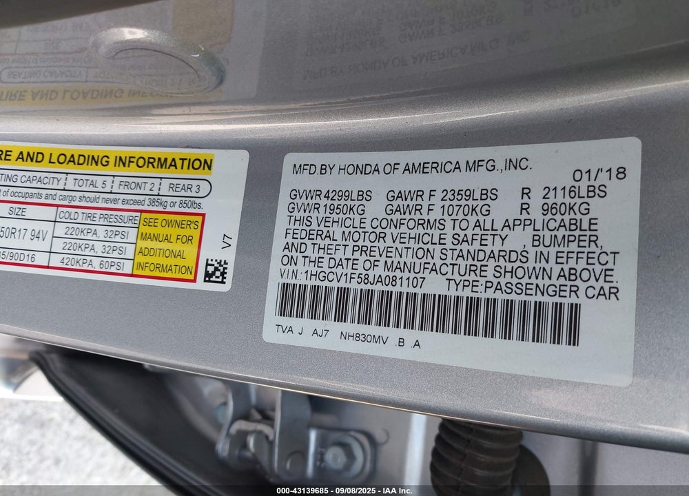 2018 HONDA ACCORD VIN: 1HGCV1F58JA081107