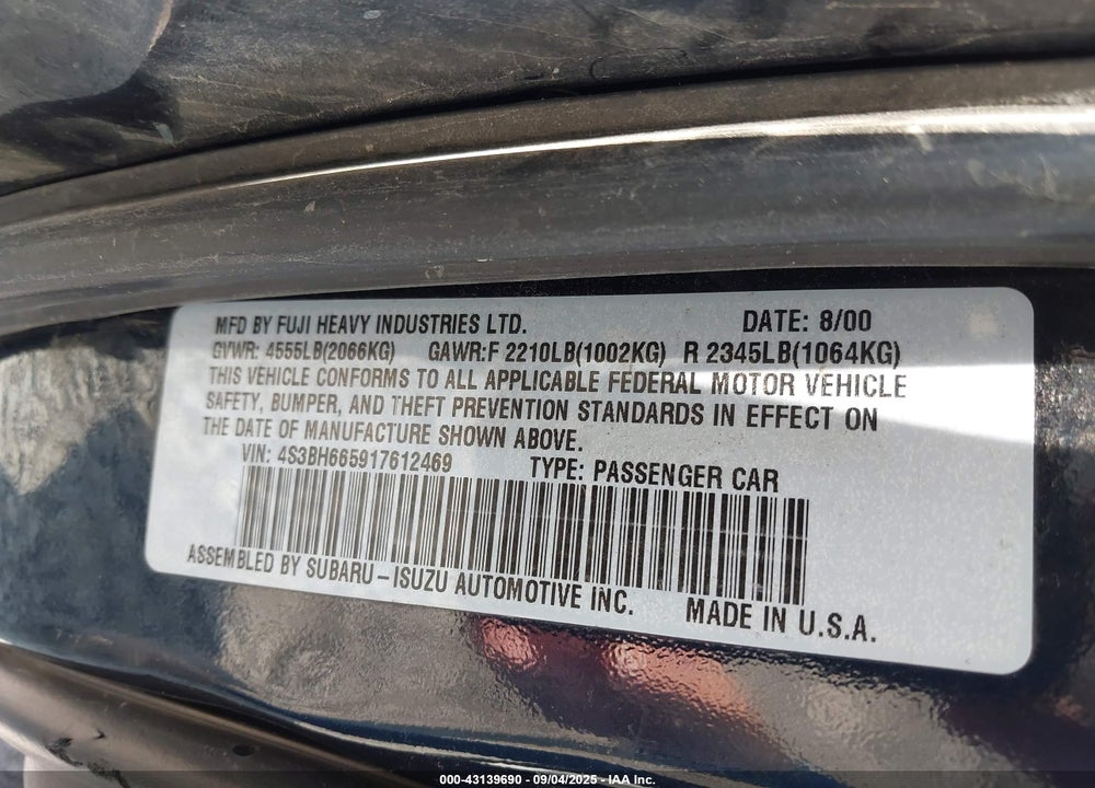 2001 SUBARU OUTBACK VIN: 4S3BH665917612469