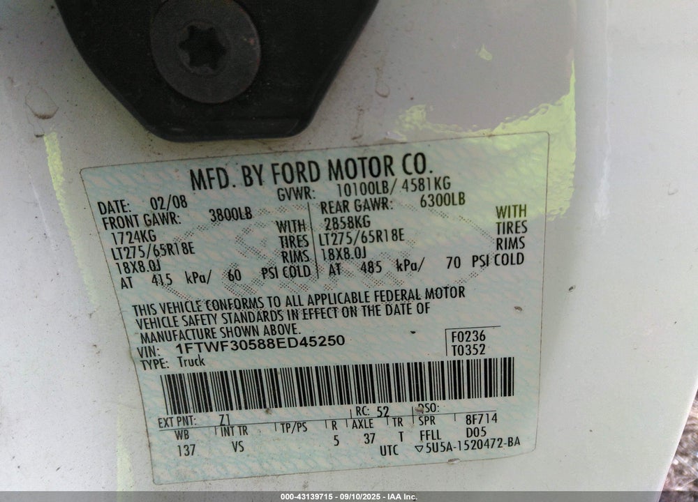 2008 FORD F 350 VIN: 1FTWF30588ED45250