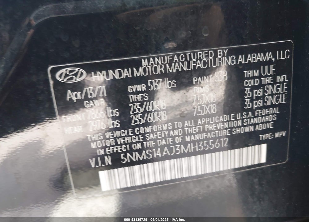 2021 HYUNDAI SANTA FE SE VIN: 5NMS14AJ3MH355612