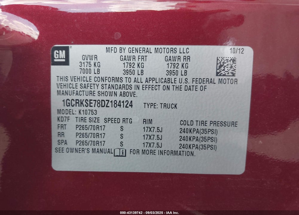 2013 CHEVROLET SILVERADO 1500 LT VIN: 1GCRKSE78DZ184124