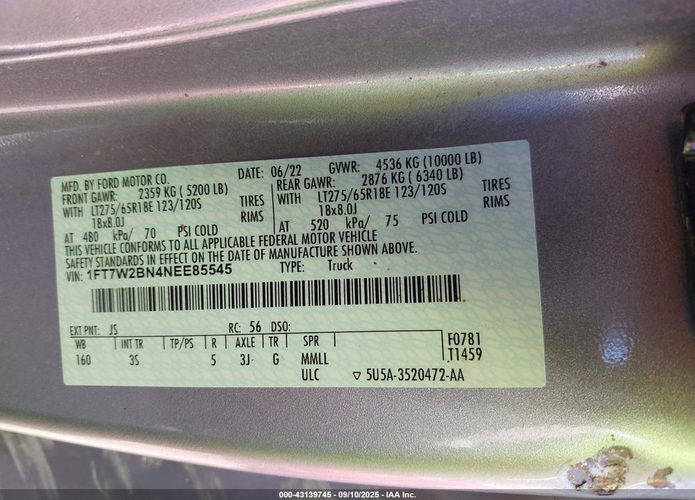 2022 FORD F-250 VIN: 1FT7W2BN4NEE85545