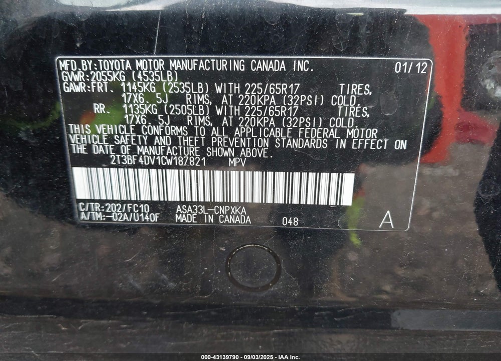 2012 TOYOTA RAV4 VIN: 2T3BF4DV1CW187821