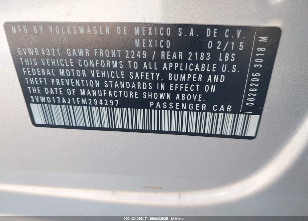 2015 VOLKSWAGEN JETTA VIN: 3VWD17AJ1FM294297
