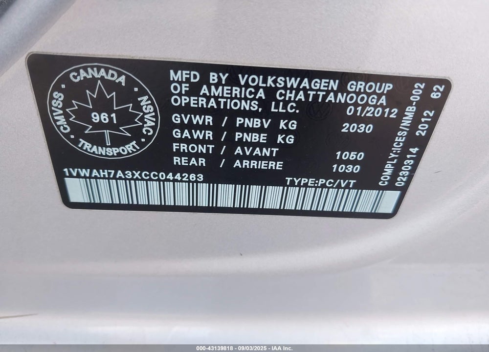 2012 VOLKSWAGEN PASSAT VIN: 1VWAH7A3XCC044263