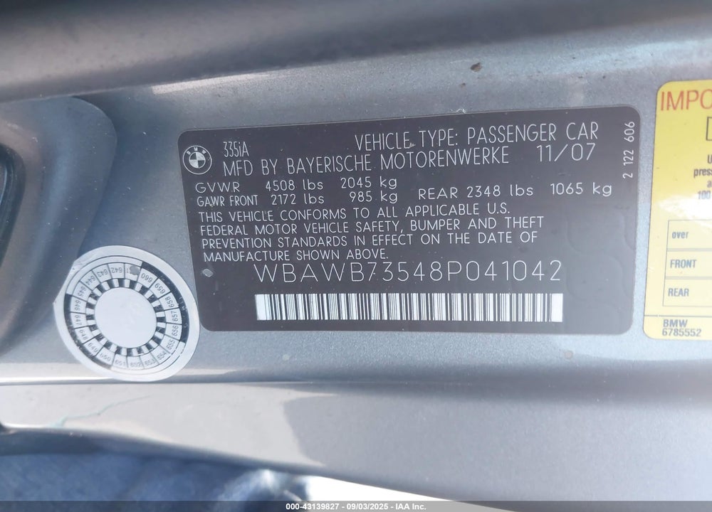 2008 BMW 335I VIN: WBAWB73548P041042
