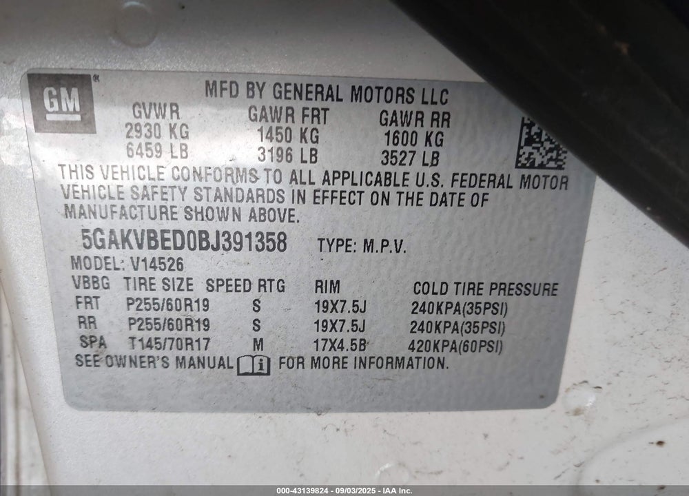 2011 BUICK ENCLAVE VIN: 5GAKVBED0BJ391358