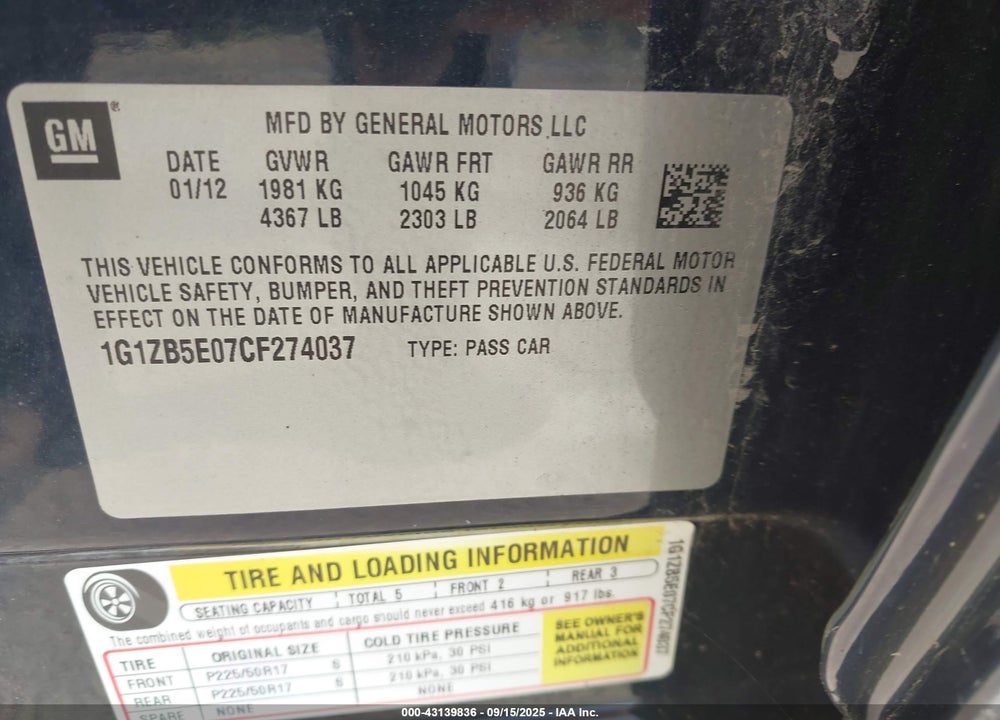 2012 CHEVROLET MALIBU VIN: 1G1ZB5E07CF274037