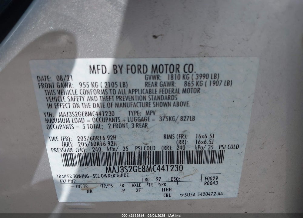 2021 FORD ECOSPORT VIN: MAJ3S2GE8MC441230