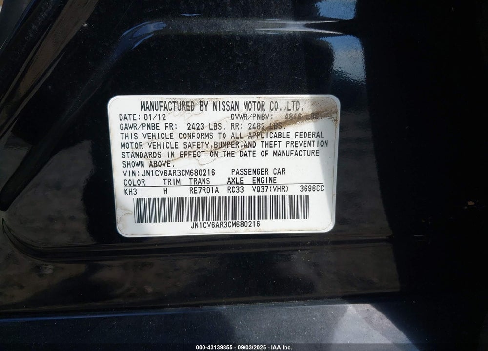 2012 INFINITI G37X VIN: JN1CV6AR3CM680216