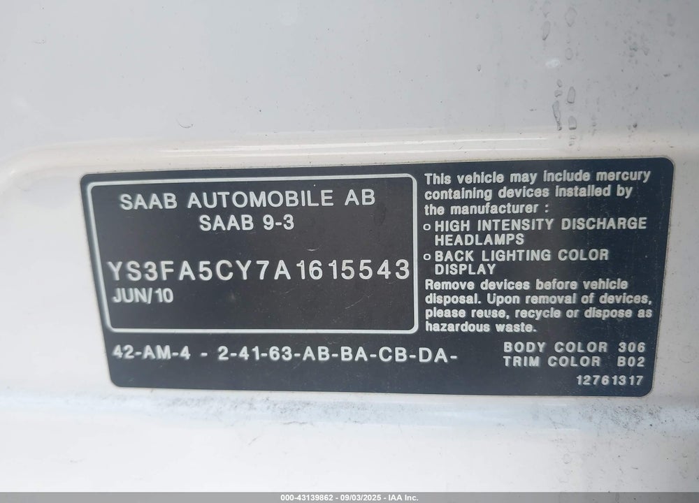 2010 SAAB 9 3 VIN: YS3FA5CY7A1615543