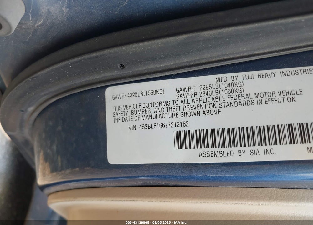 2007 SUBARU LEGACY 2.5I VIN: 4S3BL616677212182