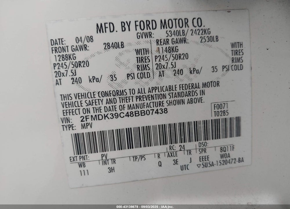 2008 FORD EDGE LIMITED VIN: 2FMDK39C48BB07438