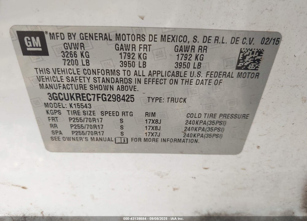 2015 CHEVROLET SILVERADO 1500 VIN: 3GCUKREC7FG298425