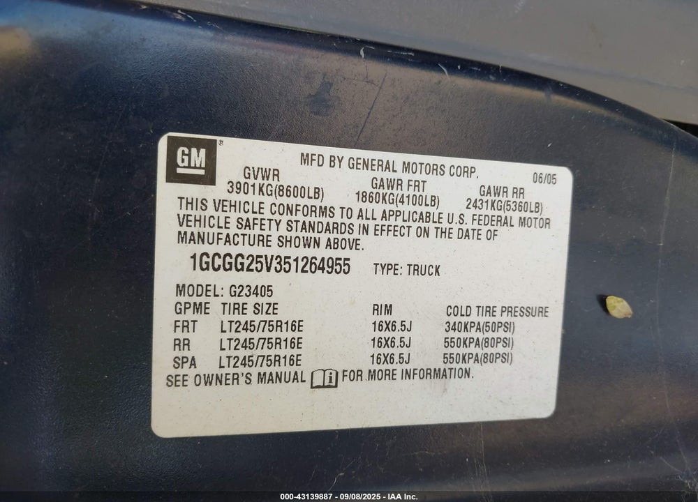 2005 CHEVROLET EXPRESS VIN: 1GCGG25V351264955