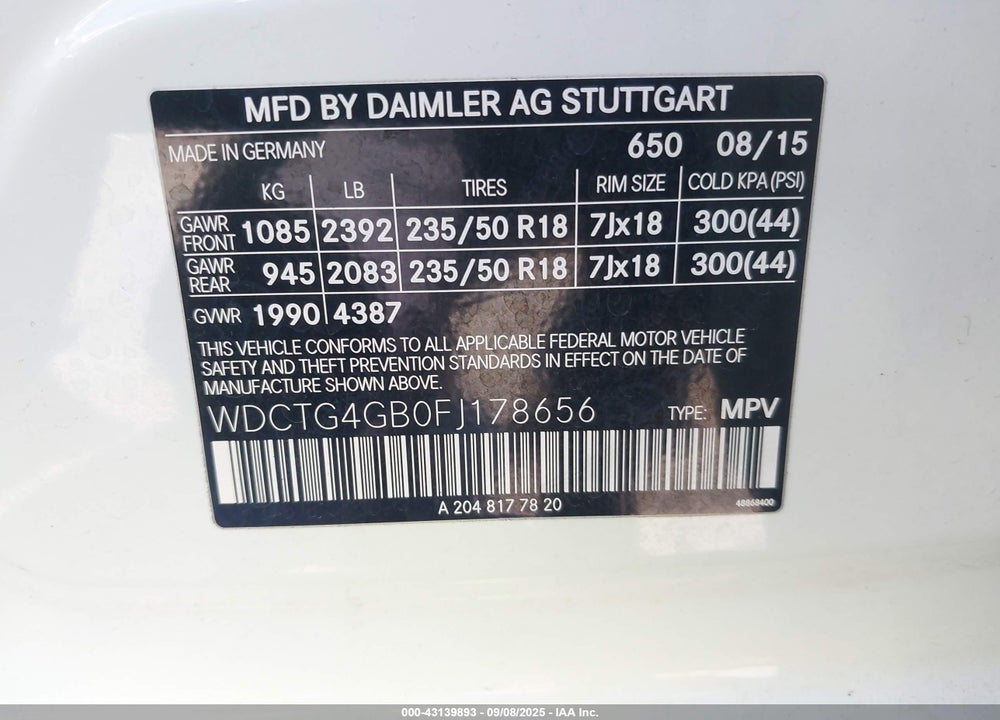 2015 MERCEDES-BENZ GLA-CLASS VIN: WDCTG4GB0FJ178656