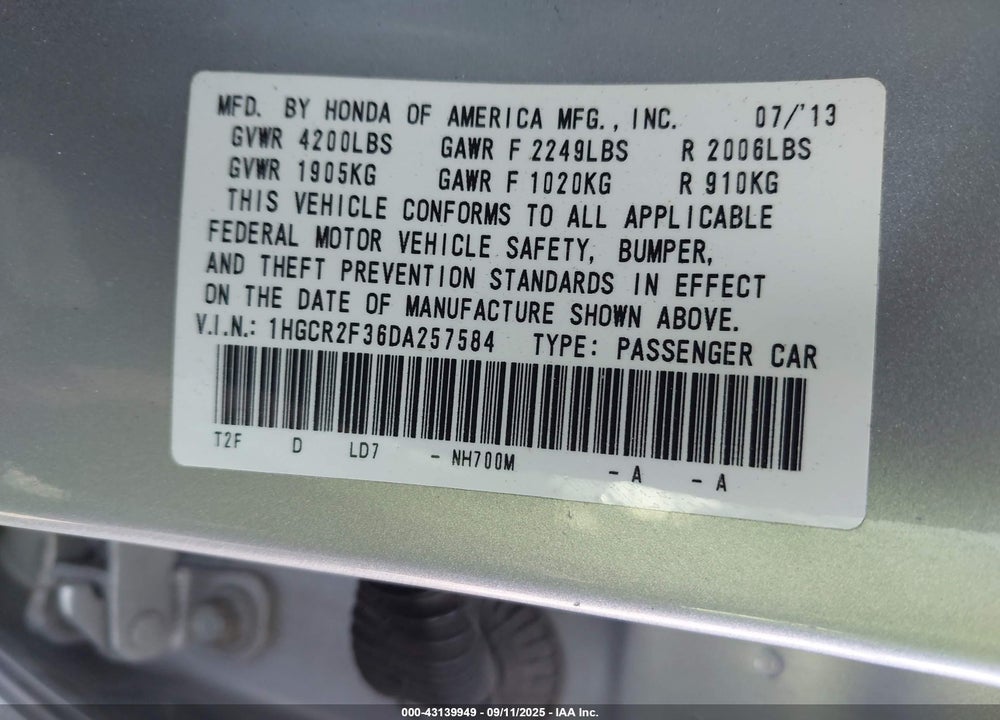 2013 HONDA ACCORD LX VIN: 1HGCR2F36DA257584
