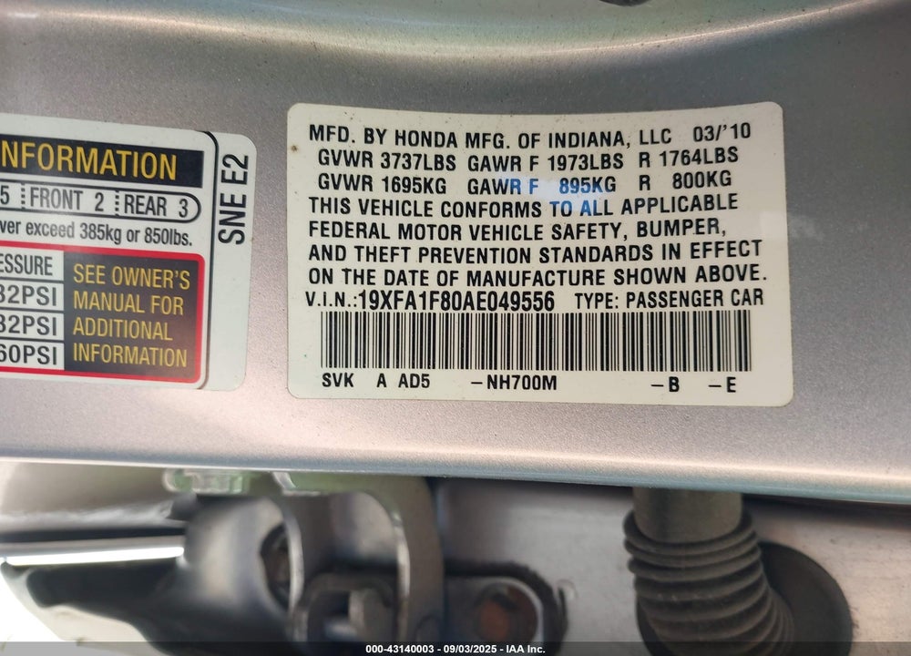 2010 HONDA CIVIC VIN: 19XFA1F80AE049556