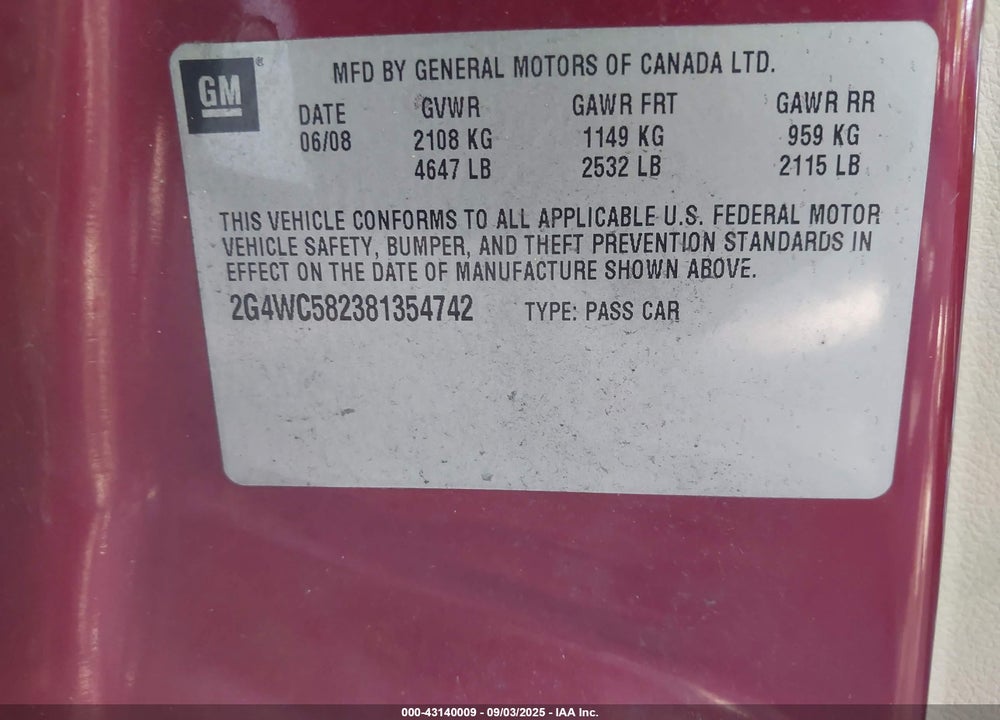 2008 BUICK LACROSSE CX VIN: 2G4WC582381354742