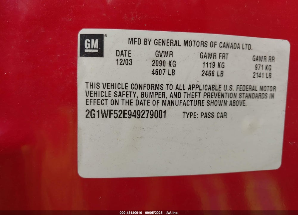 2004 CHEVROLET IMPALA VIN: 2G1WF52E949279001