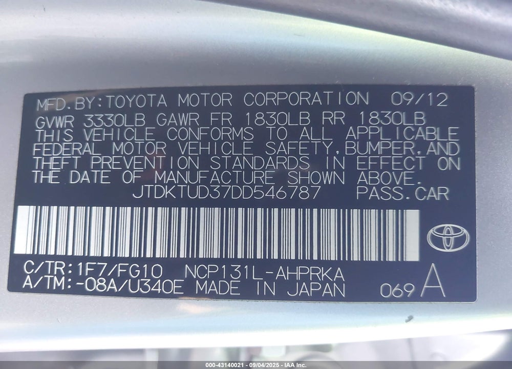 2013 TOYOTA YARIS VIN: JTDKTUD37DD546787