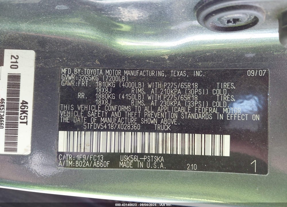 2007 TOYOTA TUNDRA SR5 5.7L V8 VIN: 5TFDV54187X028360