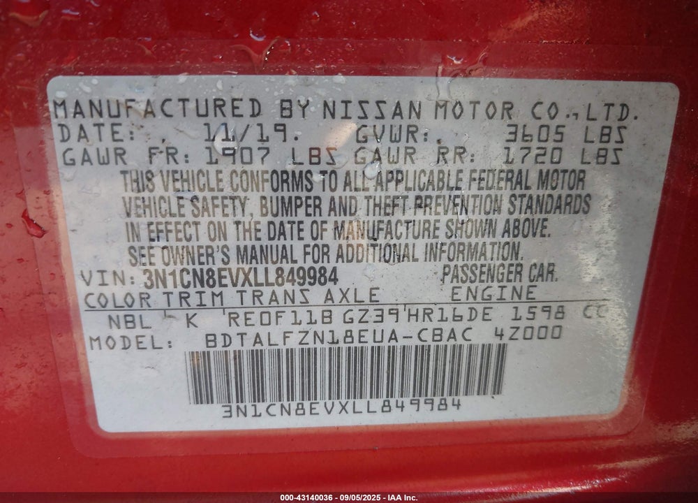 2020 NISSAN VERSA SV XTRONIC CVT VIN: 3N1CN8EVXLL849984