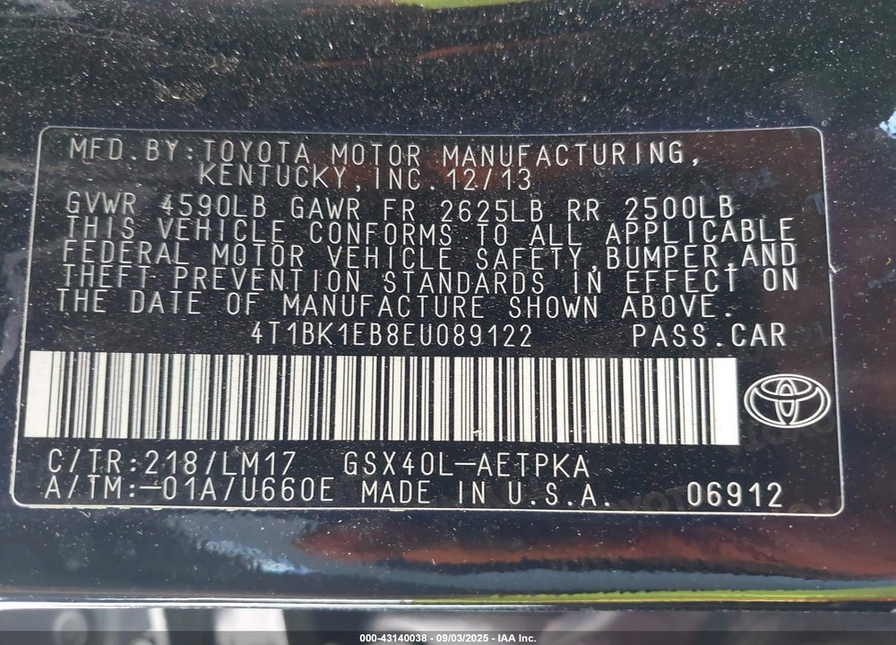 2014 TOYOTA AVALON LIMITED VIN: 4T1BK1EB8EU089122
