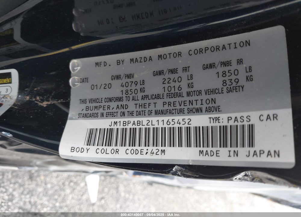 2020 MAZDA 3 VIN: JM1BPABL2L1165452